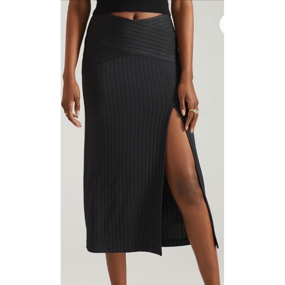 By Anthropologie Ribbed Knit Midi Skirt Black Bandage Waist XS